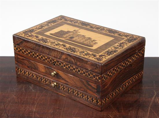 A Tunbridge ware rosewood Eridge Castle gaugework and mosaic sewing box, 9.5in.